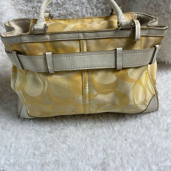 Coach Hampton Signature Canvas Satchel yellow & gold Beige leather trim & straps - Picture 3 of 16